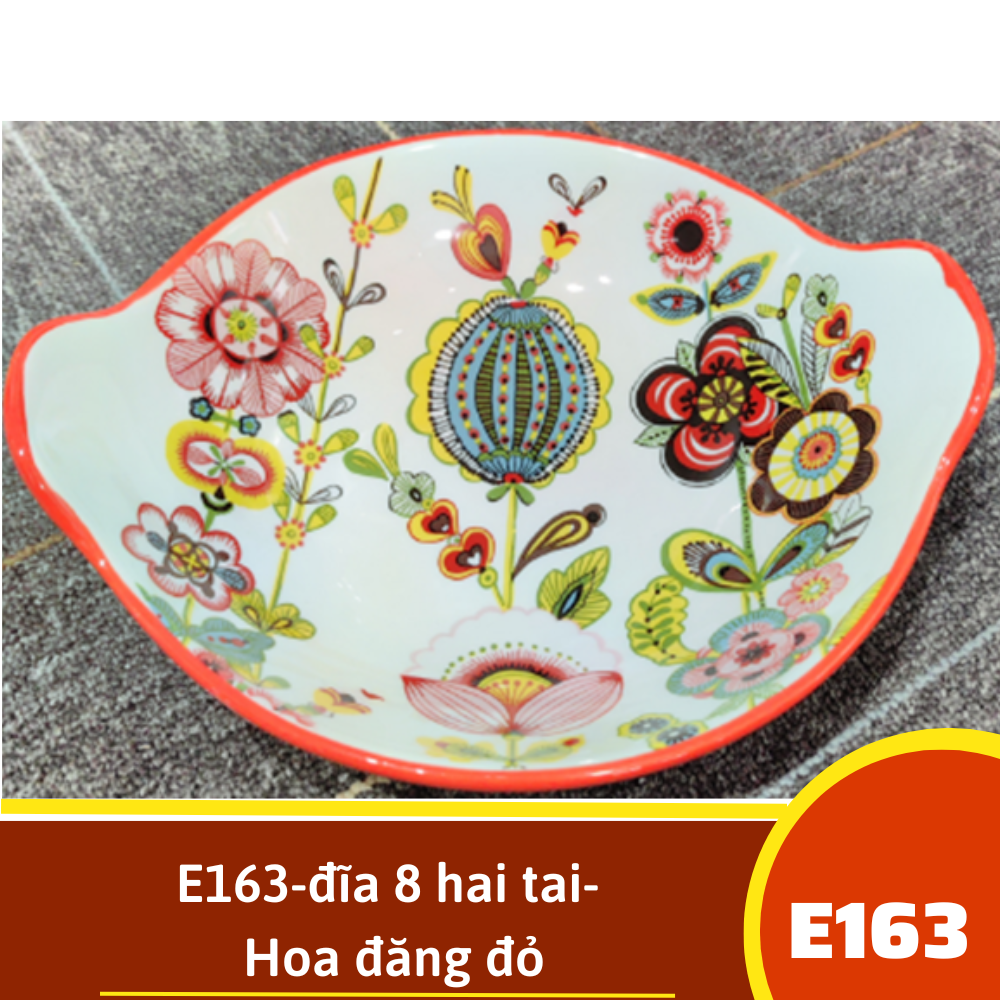 E163-đĩa 8 hai tai- Hoa đăng đỏ