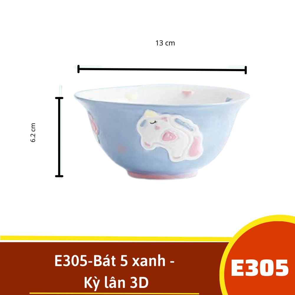 E305-Bát 5 xanh - Kỳ lân 3D