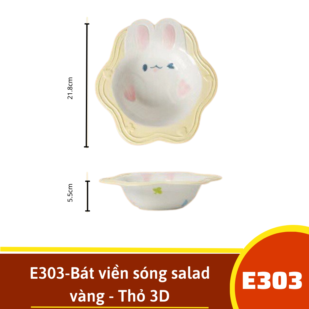 E303-Bát viền sóng salad vàng - Thỏ 3D