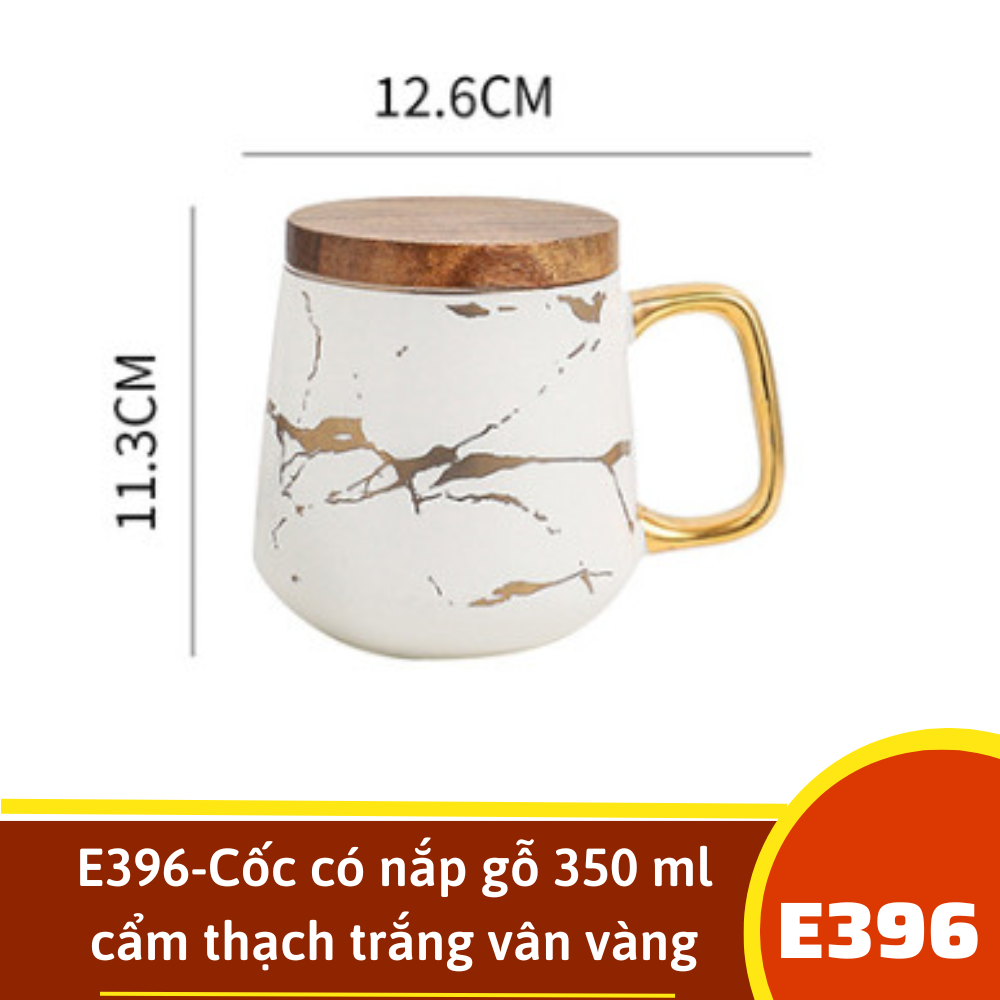 E396-Cốc có nắp gỗ 350 ml cẩm thạch trắng vân vàng