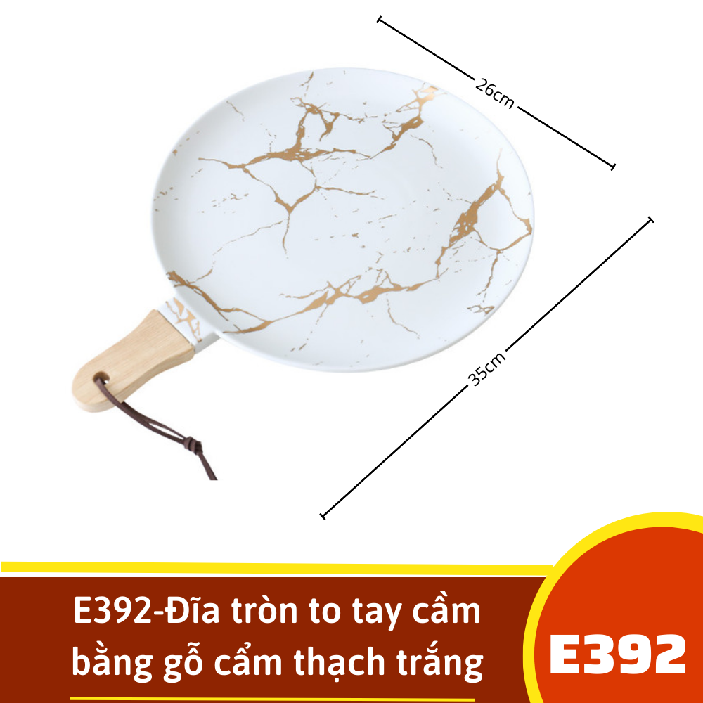E392-Đĩa tròn to tay cầm bằng gỗ cẩm thạch trắng vân vàng
