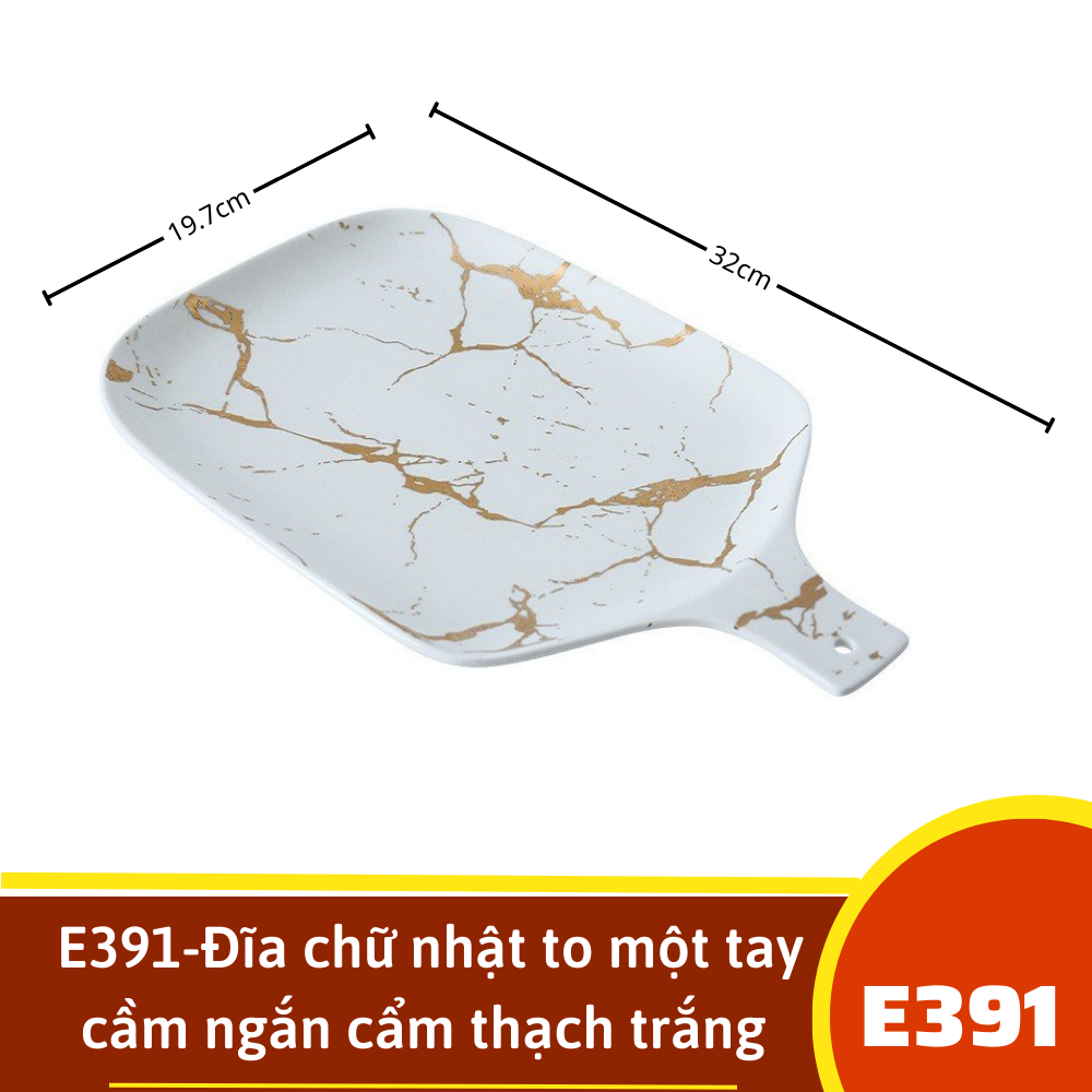 E391-Đĩa chữ nhật to một tay cầm ngắn cẩm thạch trắng vân vàng