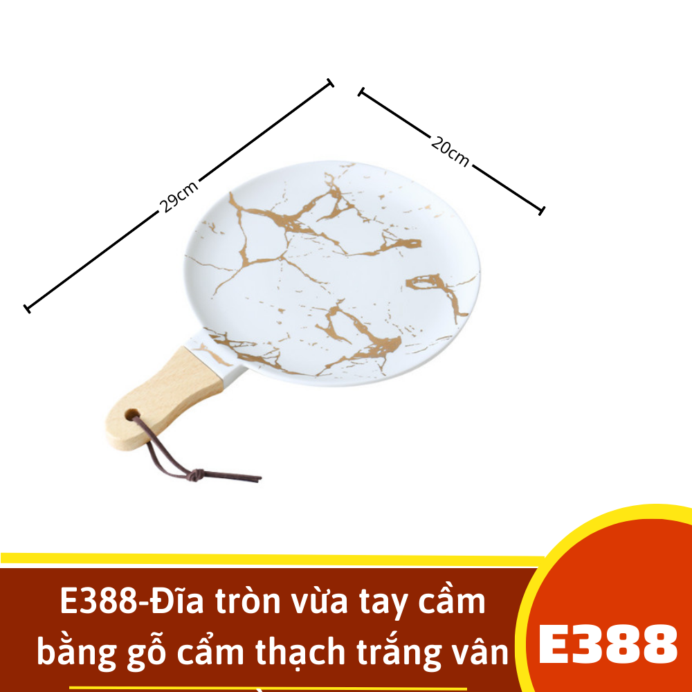 E388-Đĩa tròn vừa tay cầm bằng gỗ cẩm thạch trắng vân vàng