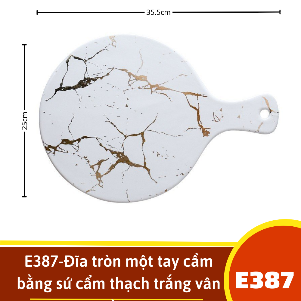 E387-Đĩa tròn một tay cầm bằng sứ cẩm thạch trắng vân vàng