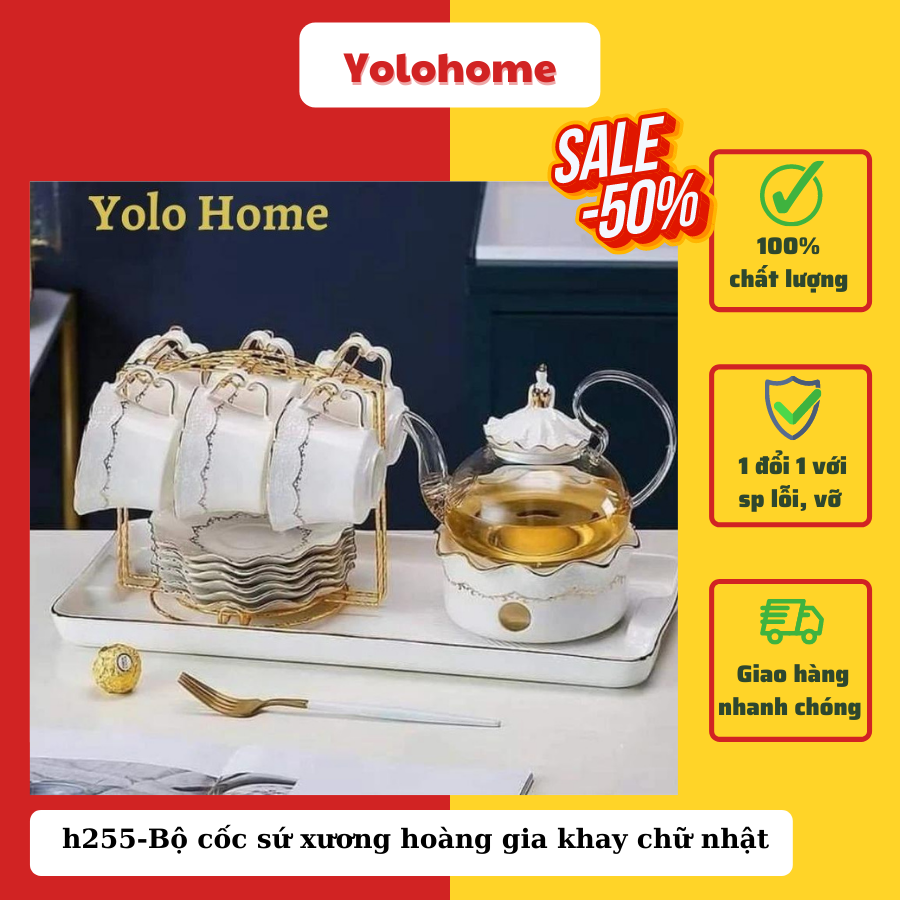 Bộ cốc sứ xương hoàng gia khay chữ nhật - h255