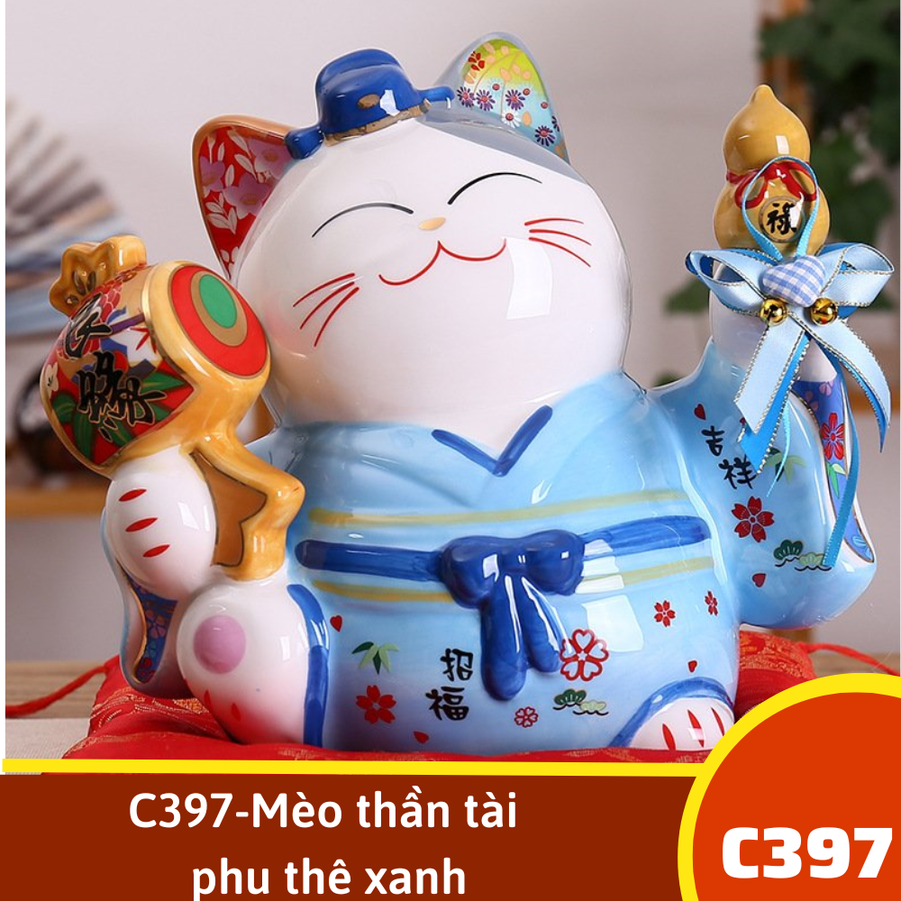 C397-Mèo thần tài phu thê xanh