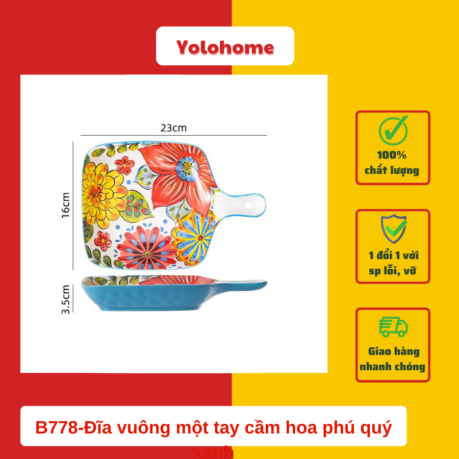 B778-Đĩa vuông một tay cầm hoa phú quý xanh