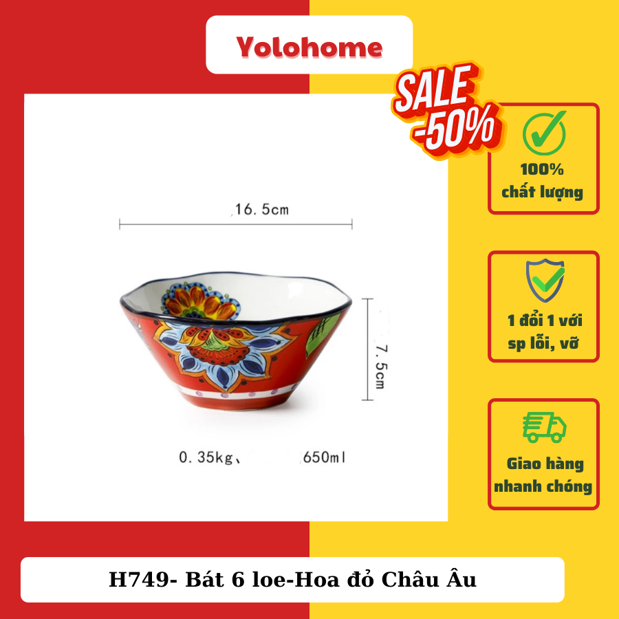H749- Bát 6 loe-Hoa đỏ Châu Âu