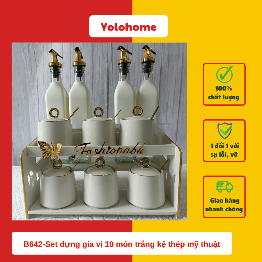 B642-Set đựng gia vị 10 món trắng kệ thép mỹ thuật