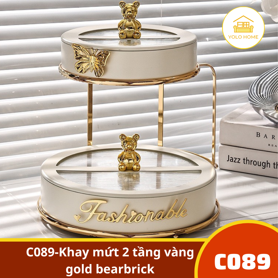 C089-Khay mứt 2 tầng vàng gold bearbrick