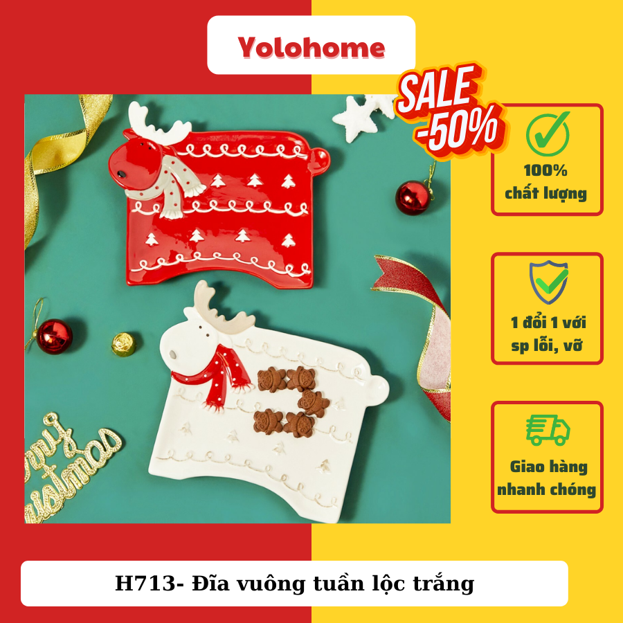 H713- Đĩa vuông tuần lộc trắng