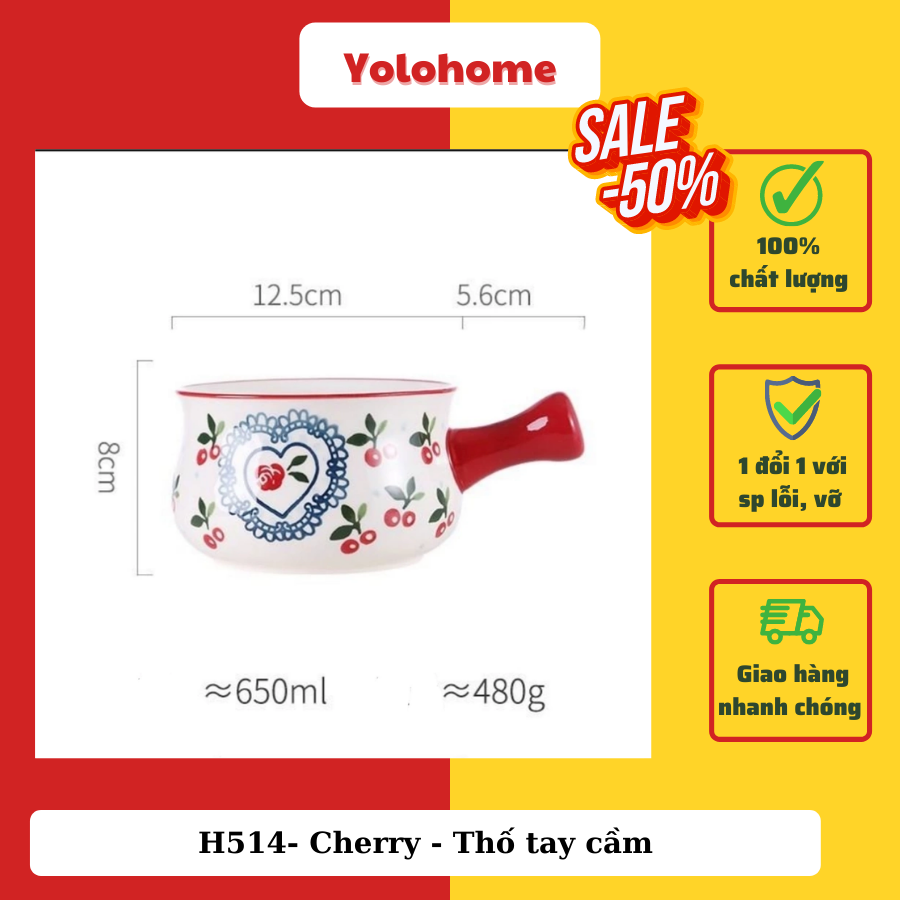 H514- Cherry - Thố tay cầm