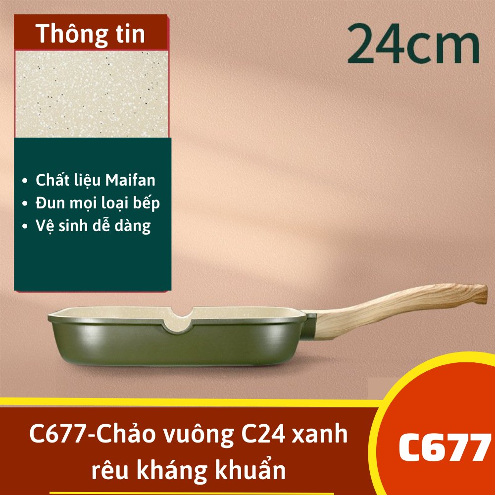 C677-Chảo vuông C24 xanh rêu kháng khuẩn
