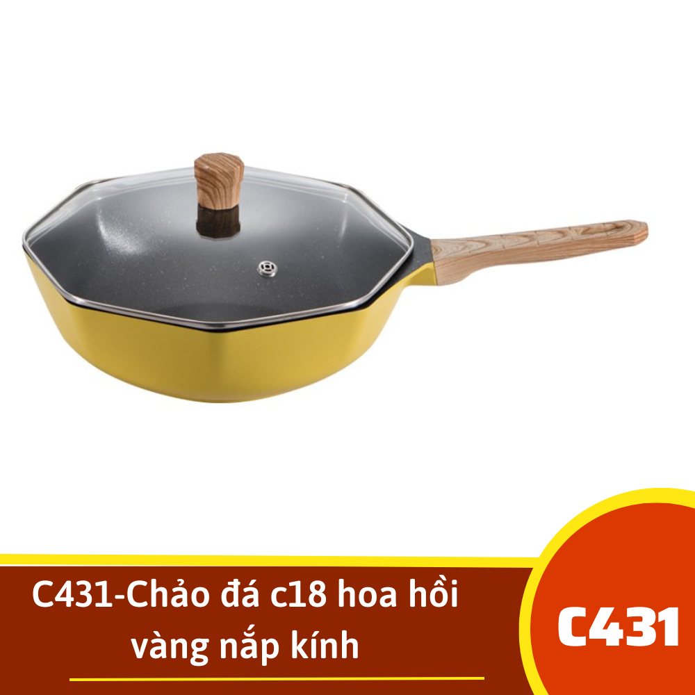 C431-Chảo đá c18 hoa hồi vàng nắp kính