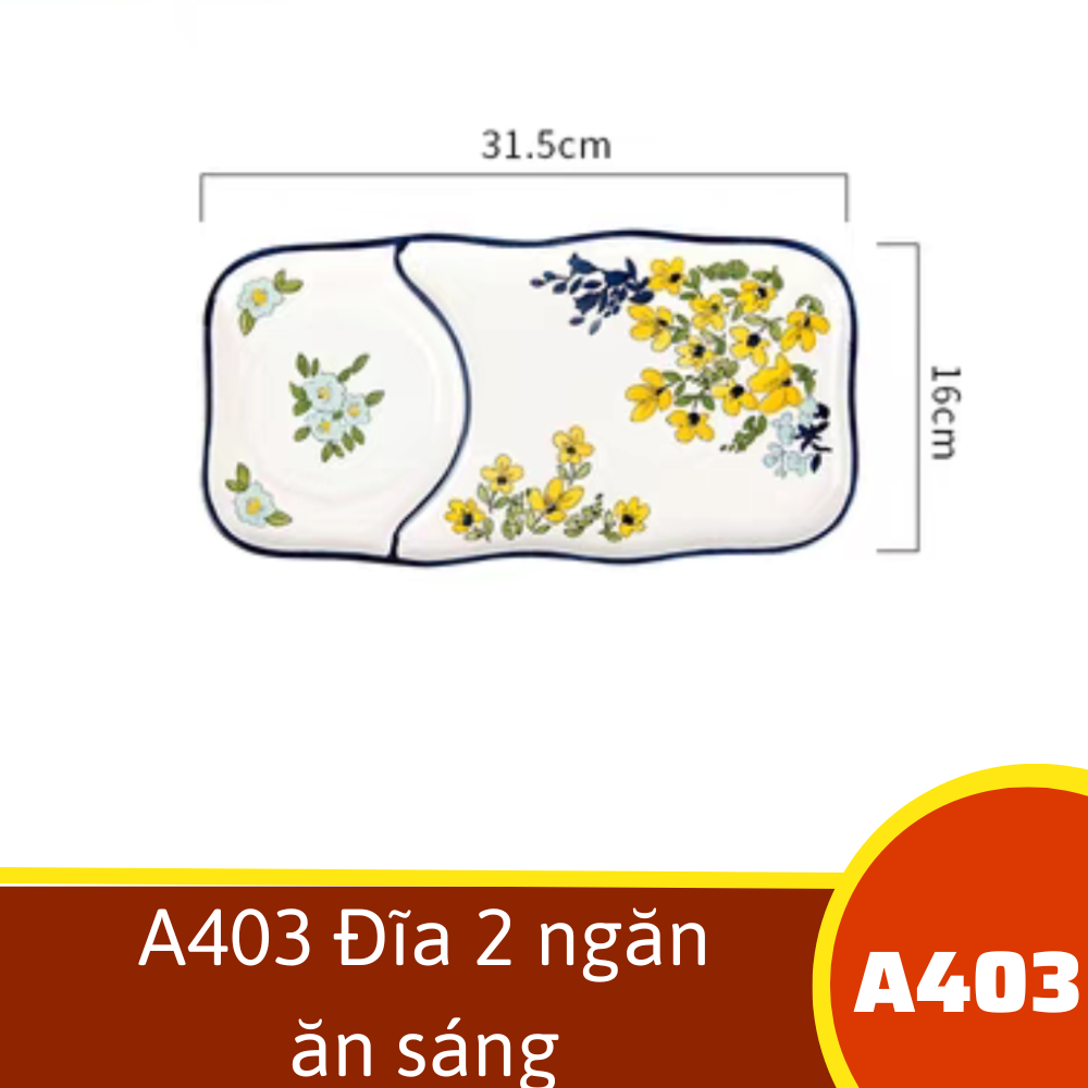 A403 Đĩa 2 ngăn ăn sáng- hoạ tiết mai vàng