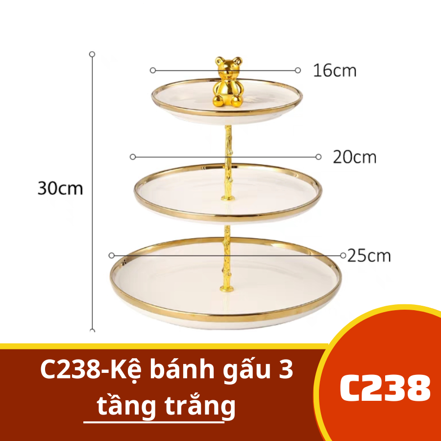 C238-Kệ bánh gấu 3 tầng trắng viền vàng