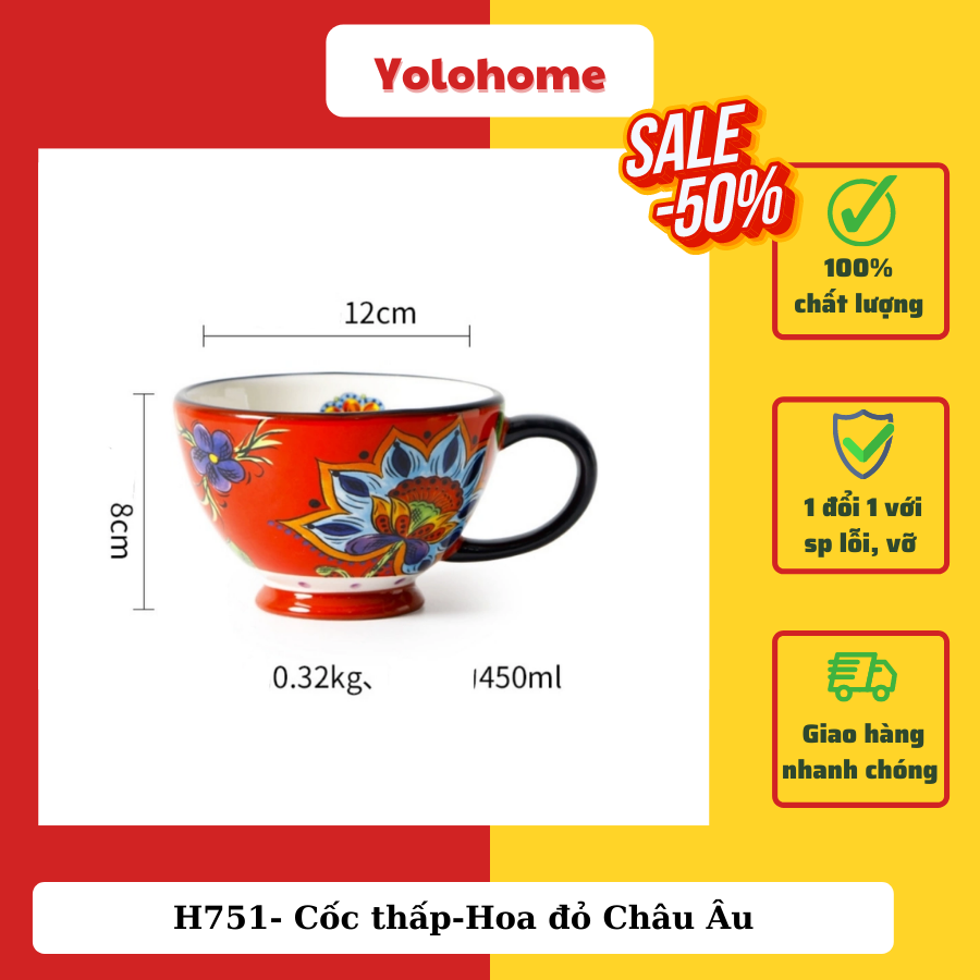 H751- Cốc thấp-Hoa đỏ Châu Âu