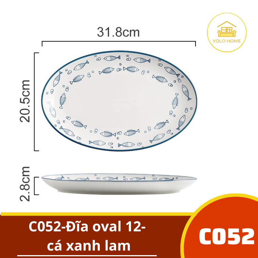 C052-Đĩa oval 12- cá xanh lam