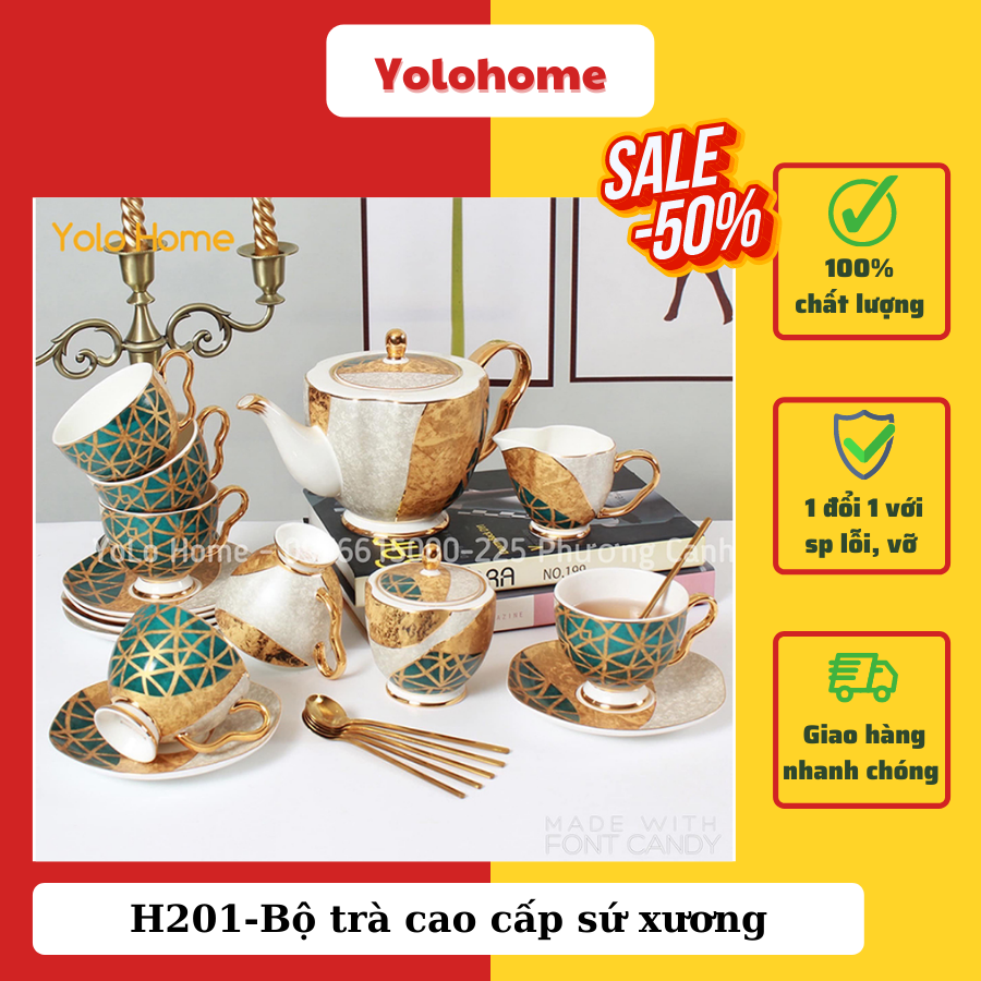 Bộ trà cao cấp sứ xương mạ vàng phong cách hoàng gia Anh- h201