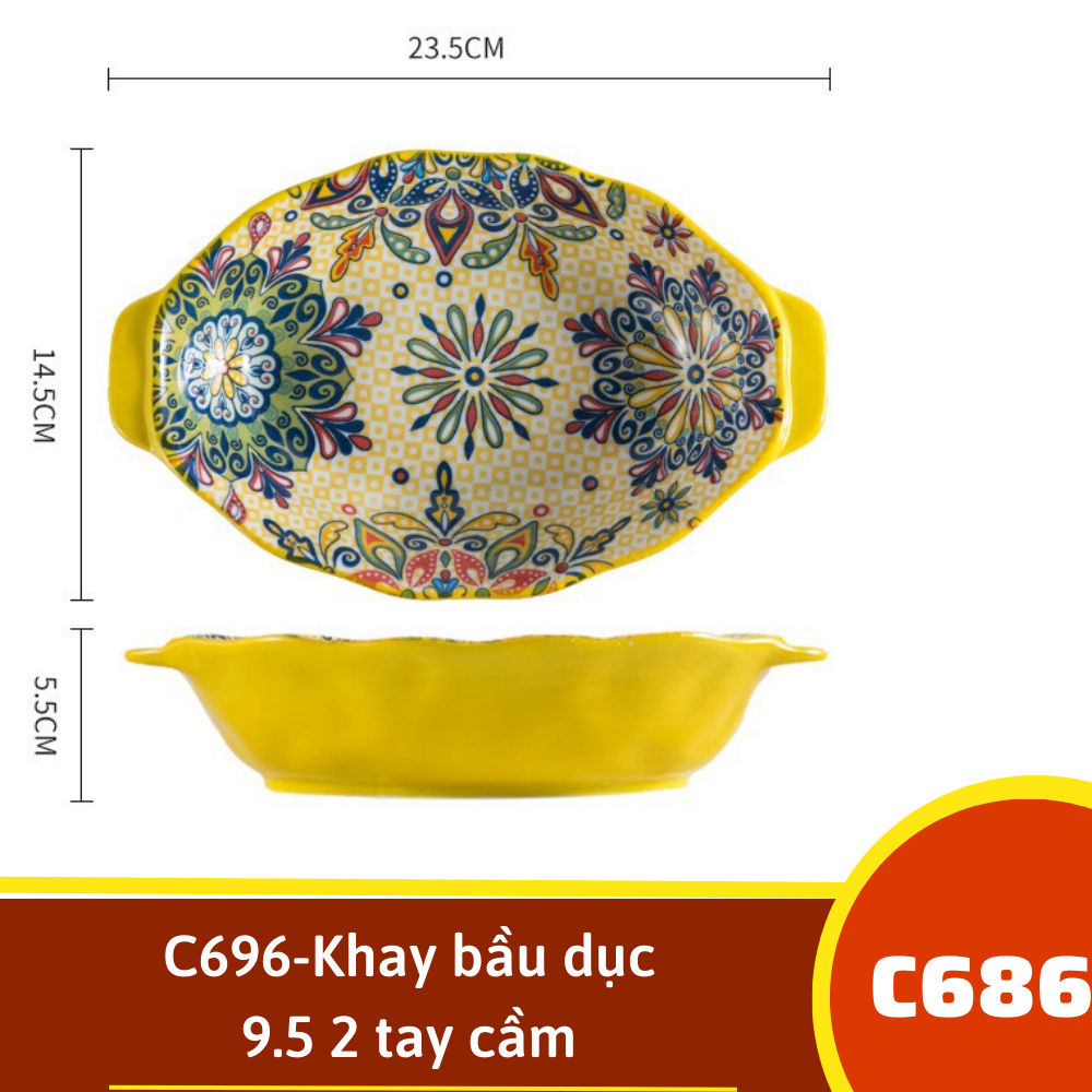 C696-Khay bầu dục 9.5 2 tay cầm - Ánh nắng mặt trời vàng