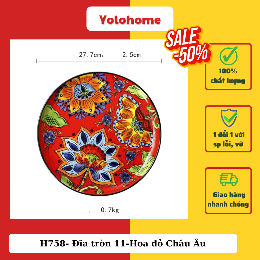 H758- Đĩa tròn 11-Hoa đỏ Châu Âu