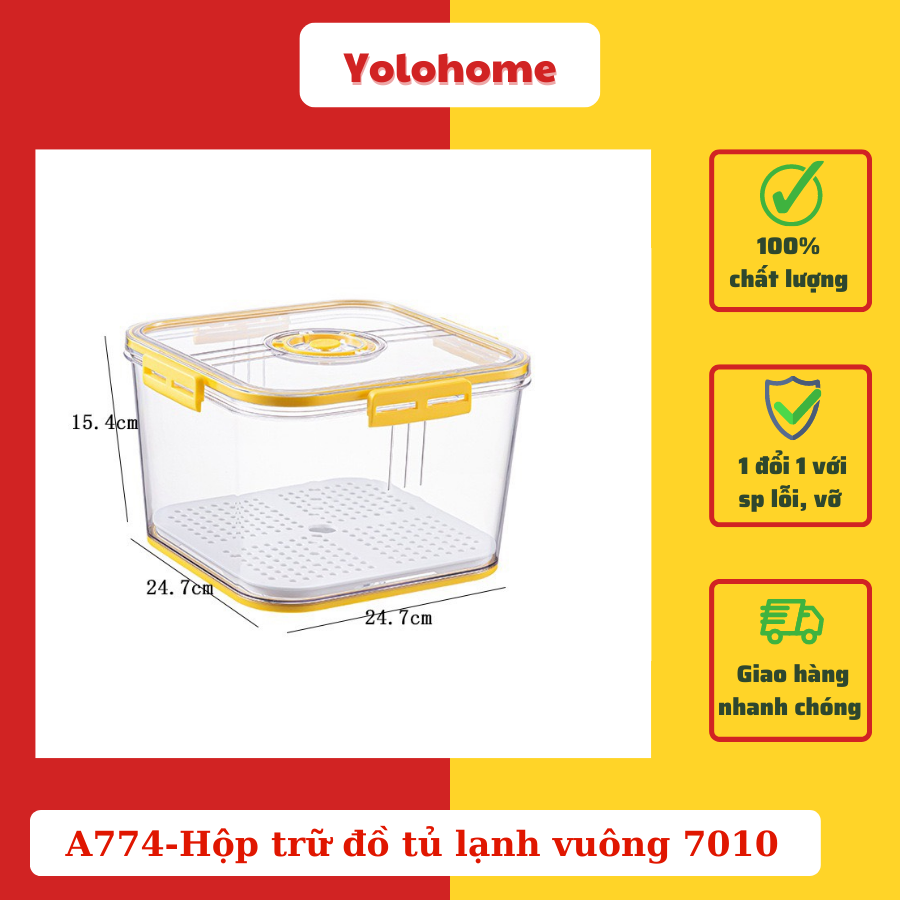 A774-Hộp trữ đồ tủ lạnh vuông 7010 vàng to