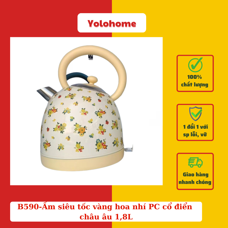B590-Ấm siêu tốc vàng hoa nhí PC cổ điển châu âu 1,8L