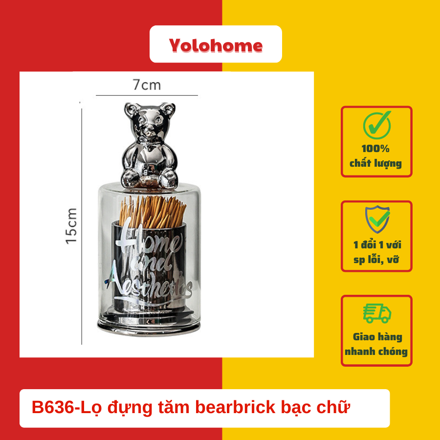B636-Lọ đựng tăm bearbrick bạc chữ Home and Aesthetics