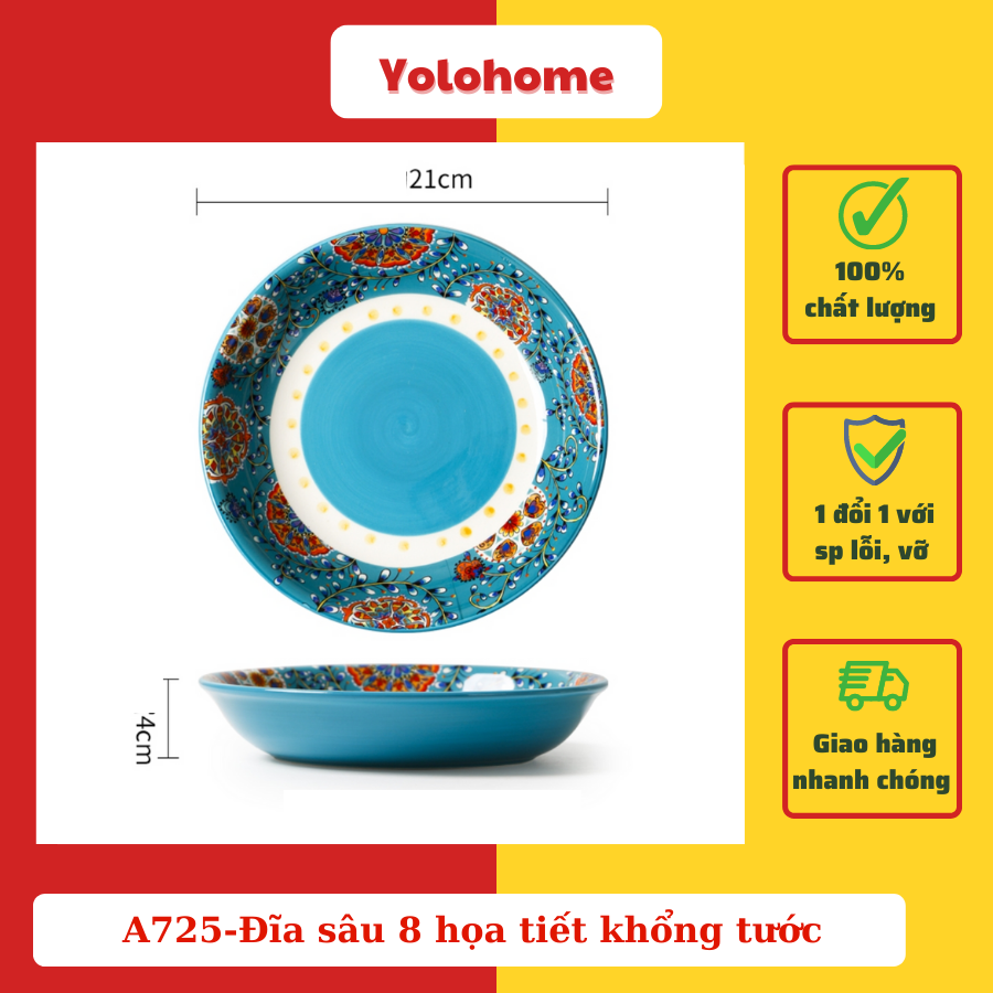 A725-Đĩa sâu 8 họa tiết khổng tước