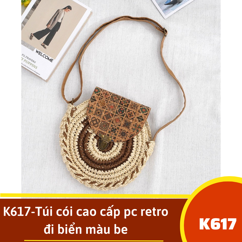 K617-Túi cói cao cấp pc retro đi biển màu be