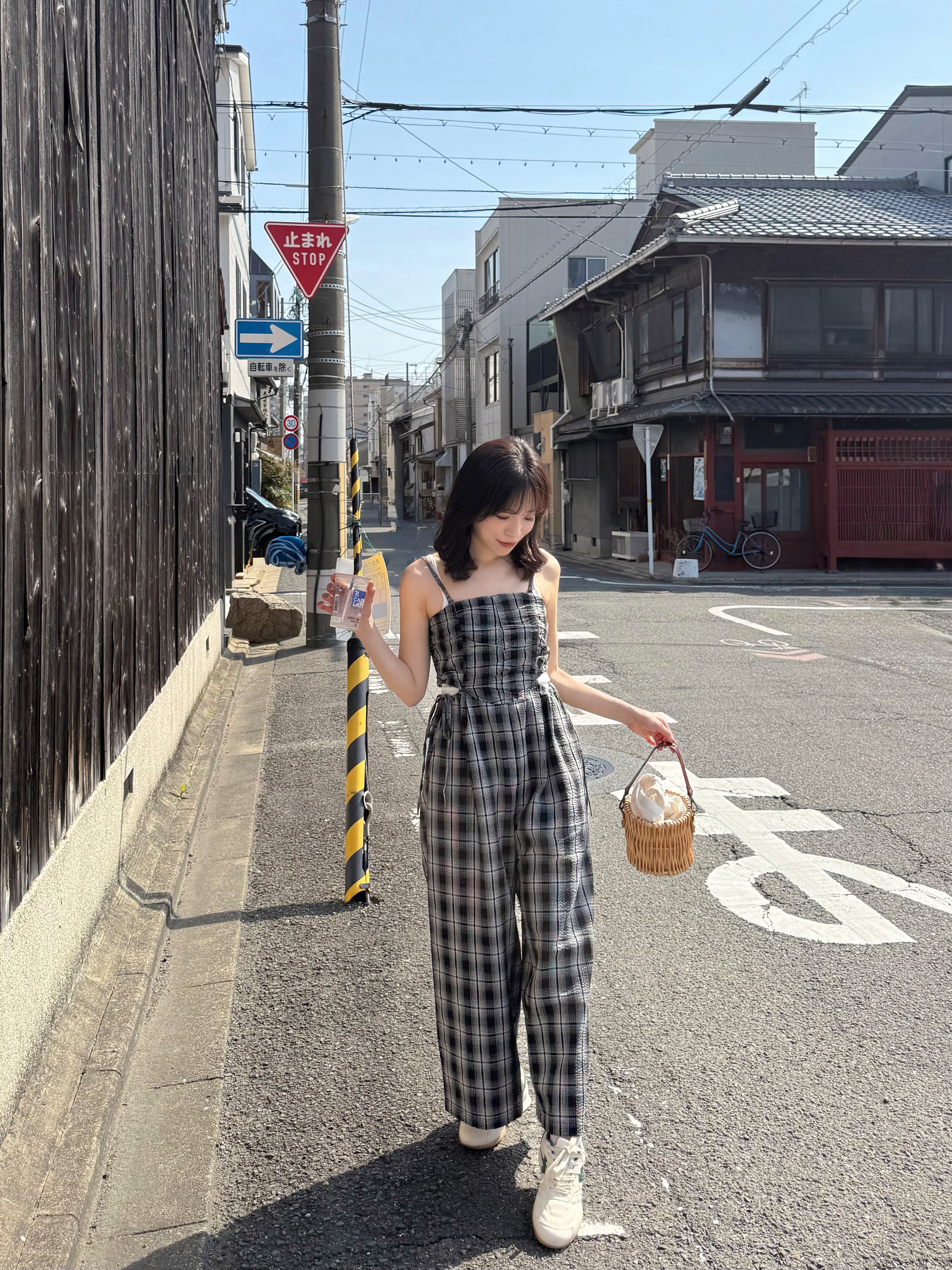 黑白格吊帶連身褲 + 髮圈套裝