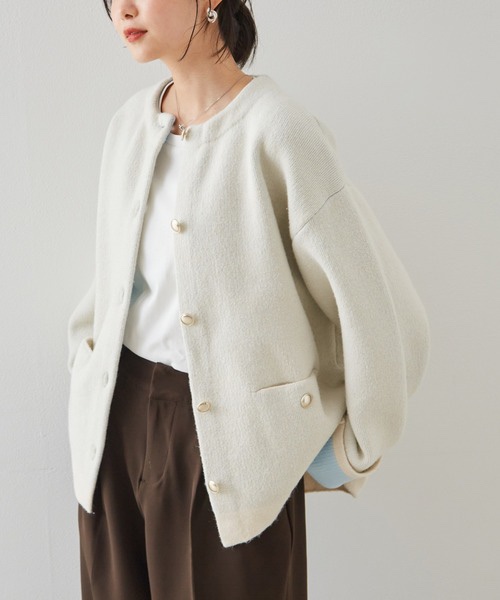 拼色金扣中長款針織外套