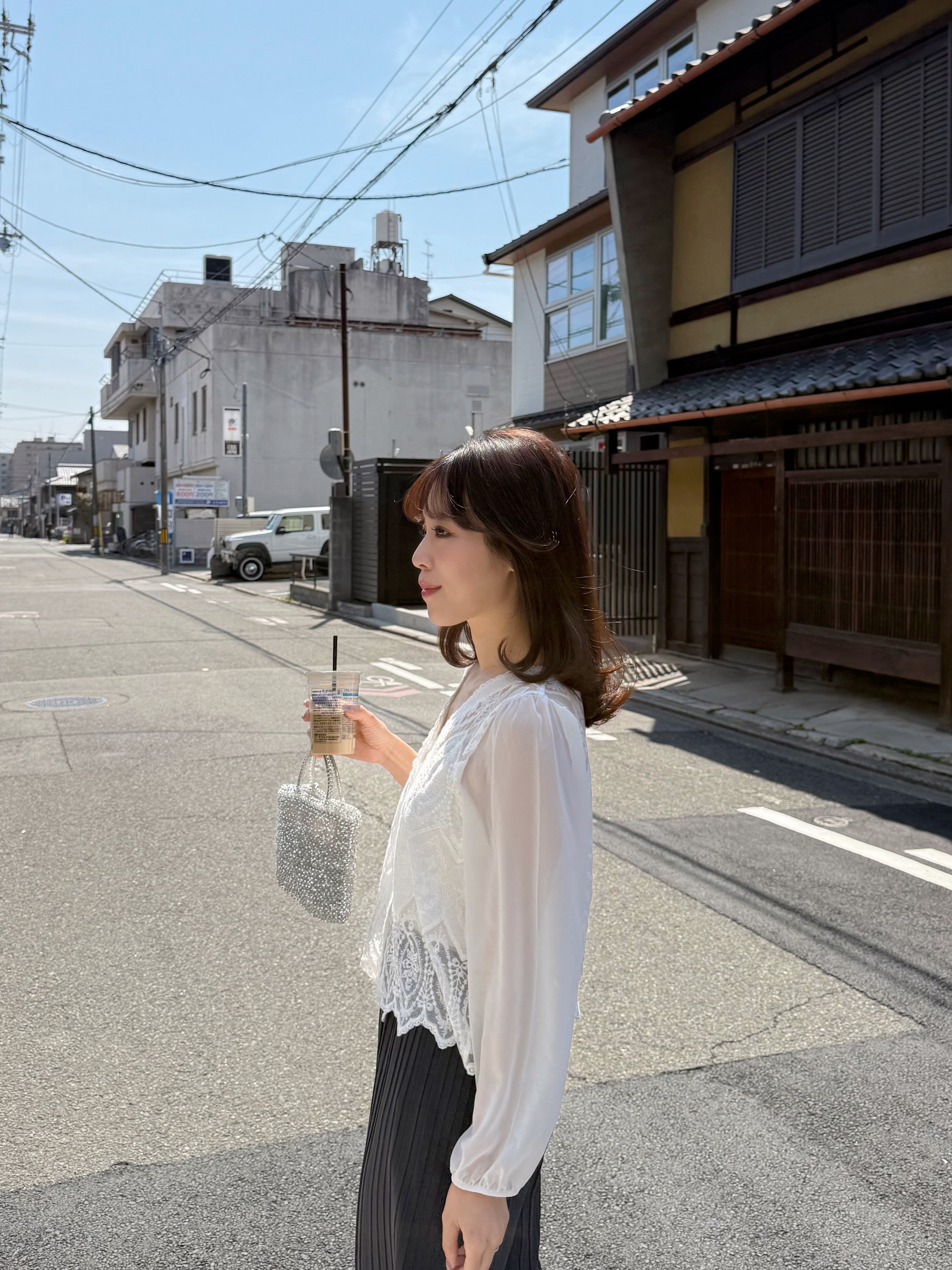 V領蕾絲雪紡袖外套上衣