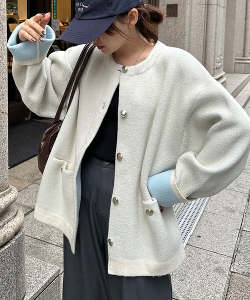 拼色金扣中長款針織外套