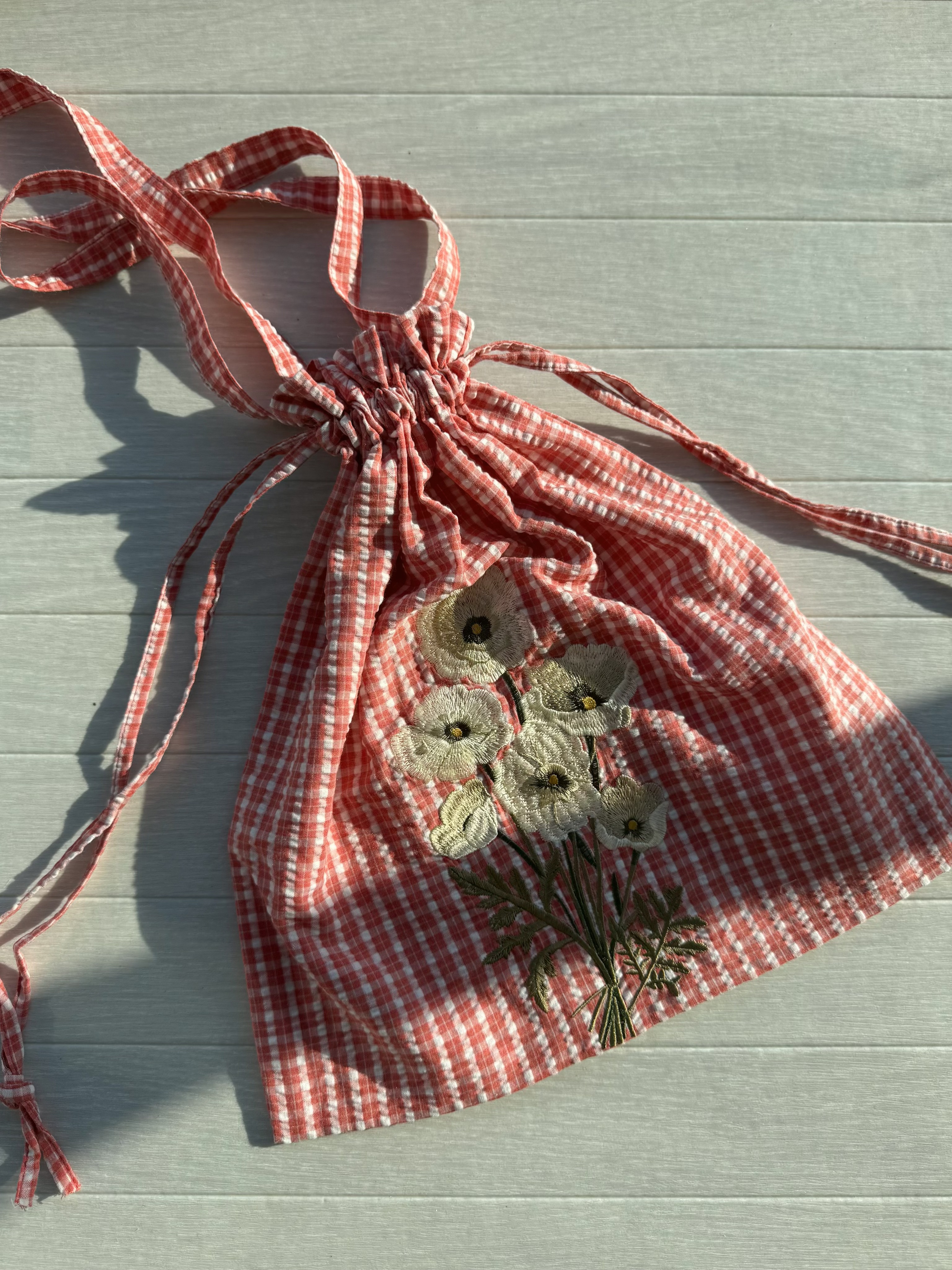 3色•格紋花朵刺繡束口手挽袋