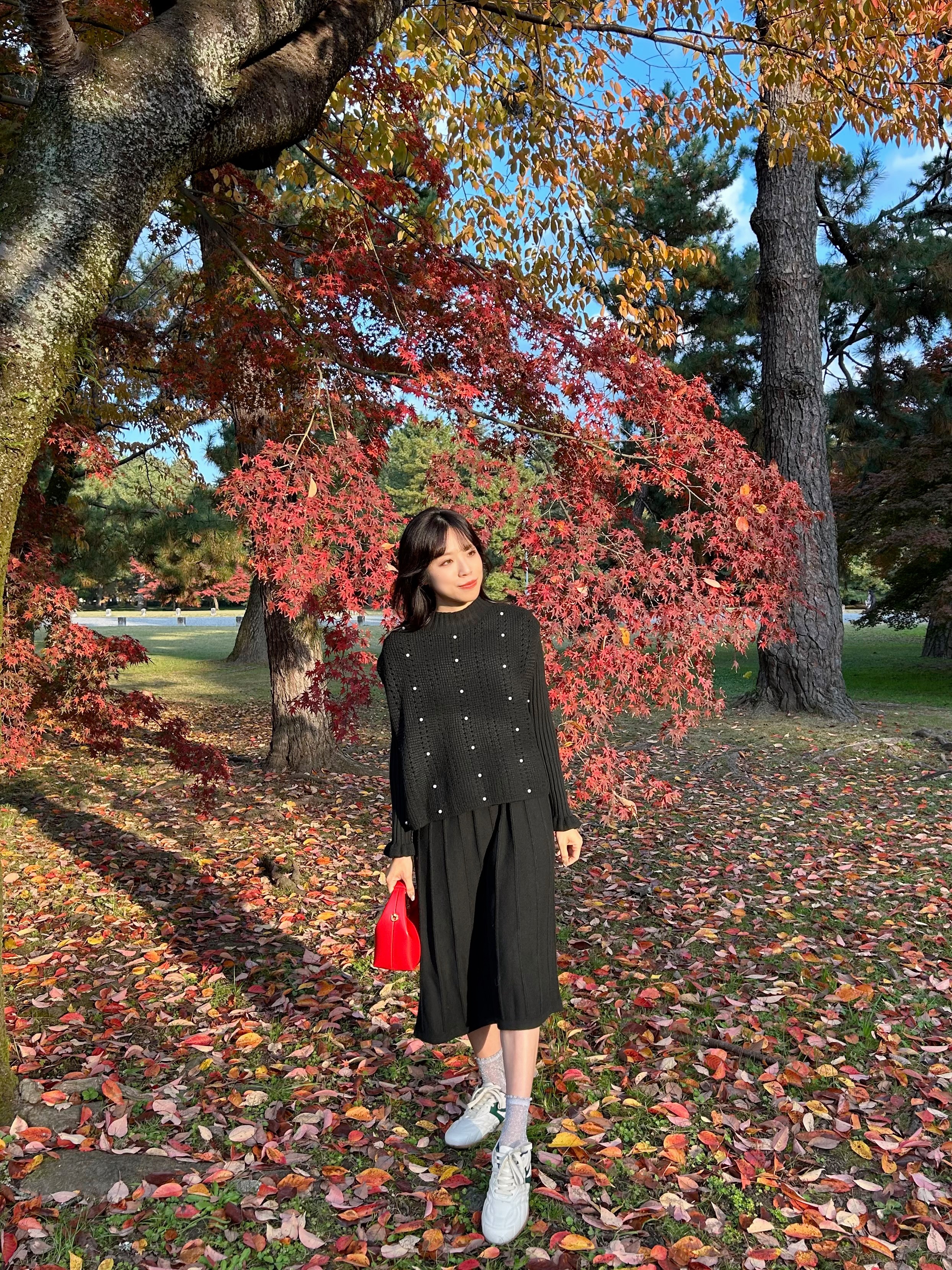 3色•珍珠斗篷針織及膝連身裙