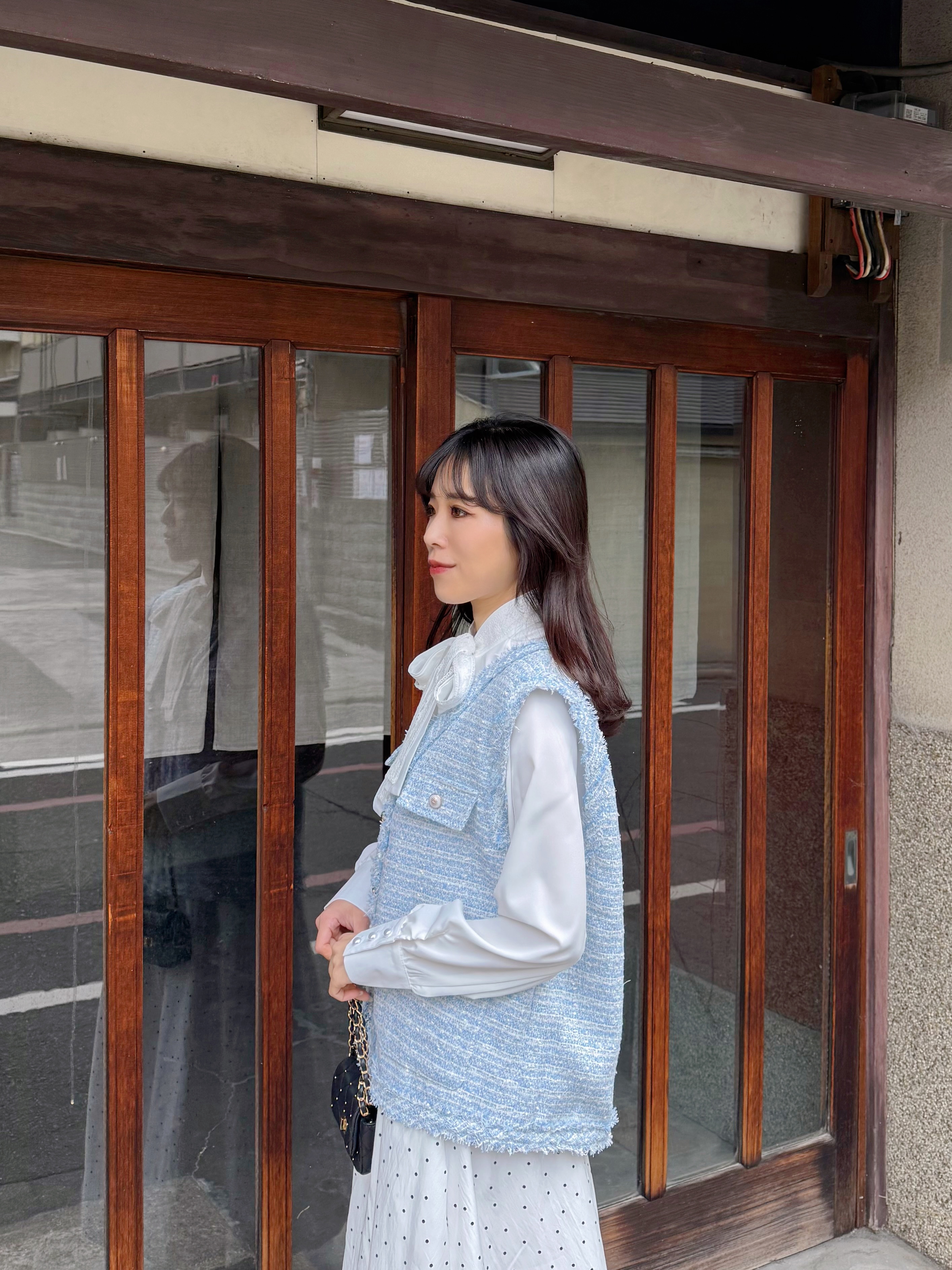 2色•銀絲Tweed流蘇邊背心外套