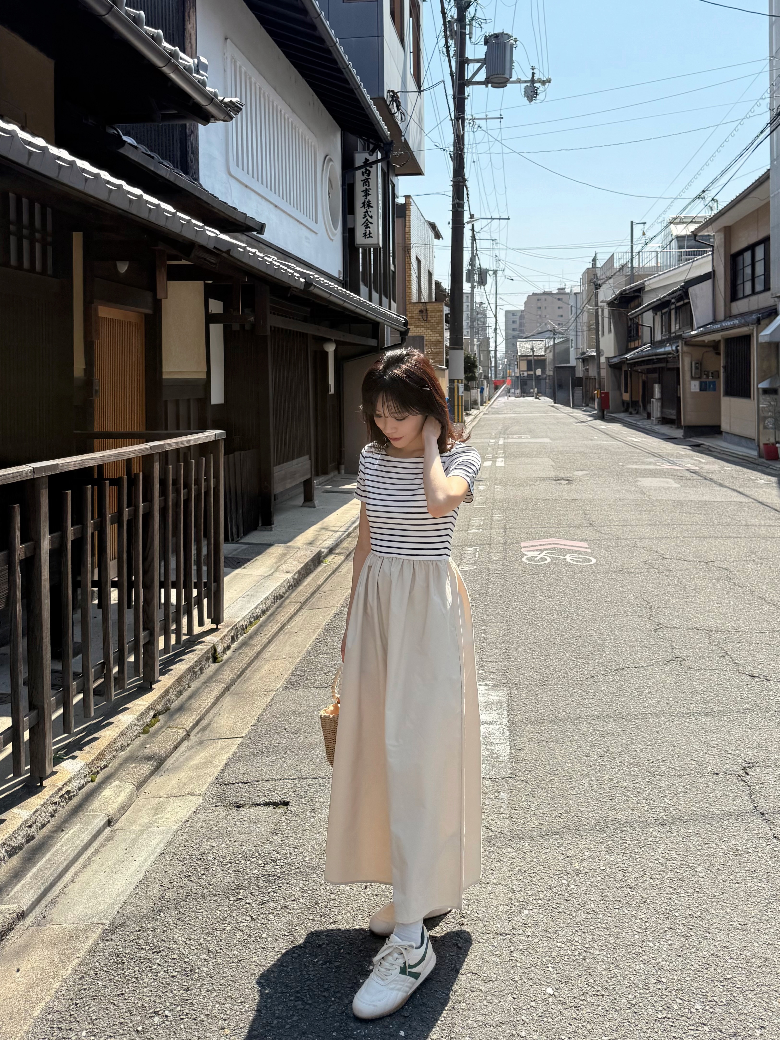 間條拼色修腰A line連身裙