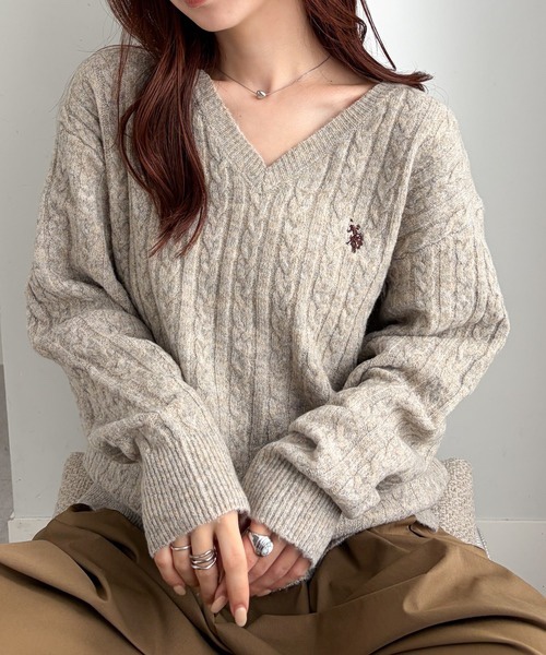 5色・M-LL・U.S. POLO ASSN. 刺繡V領麻花針織上衣