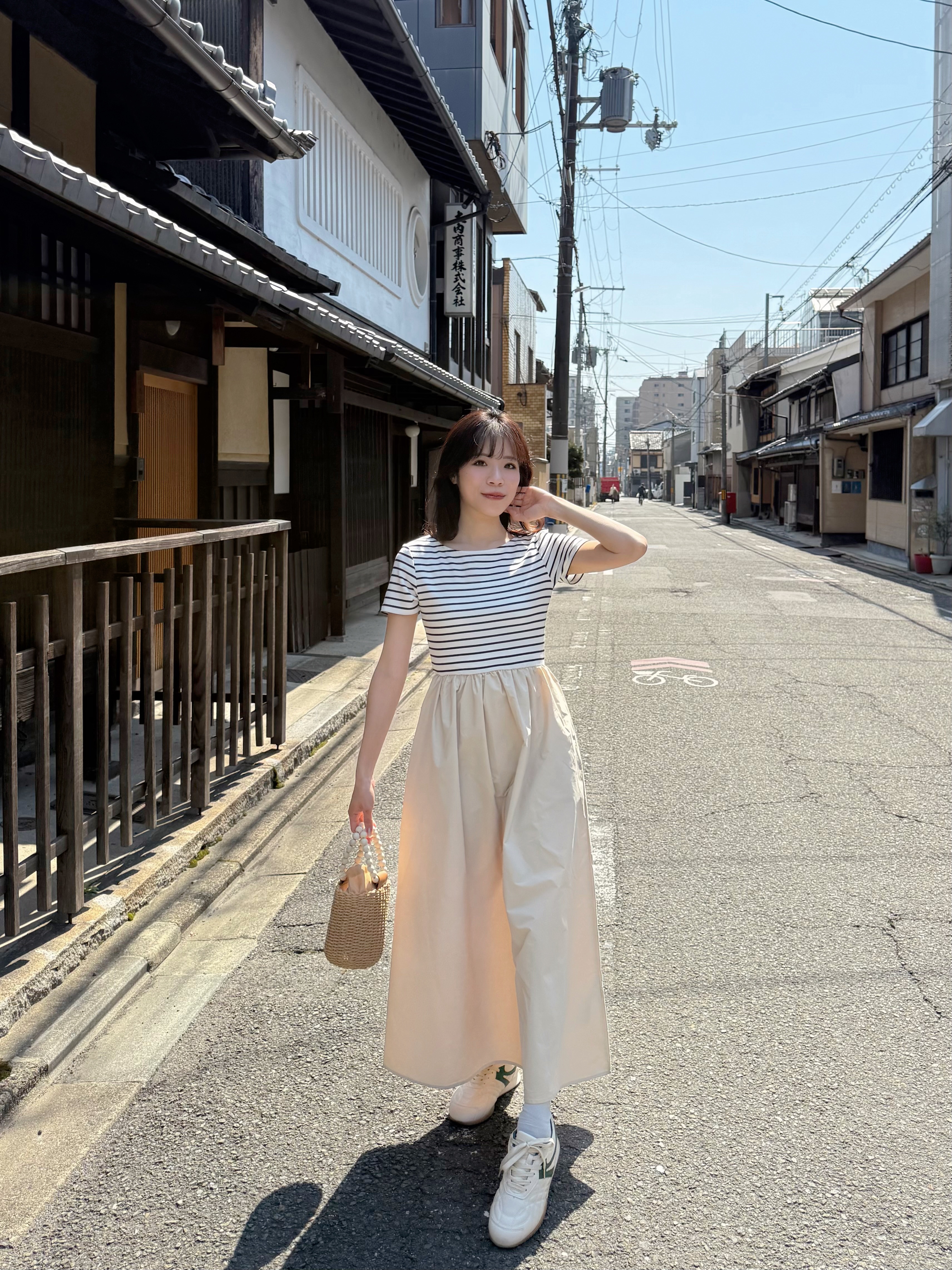 間條拼色修腰A line連身裙