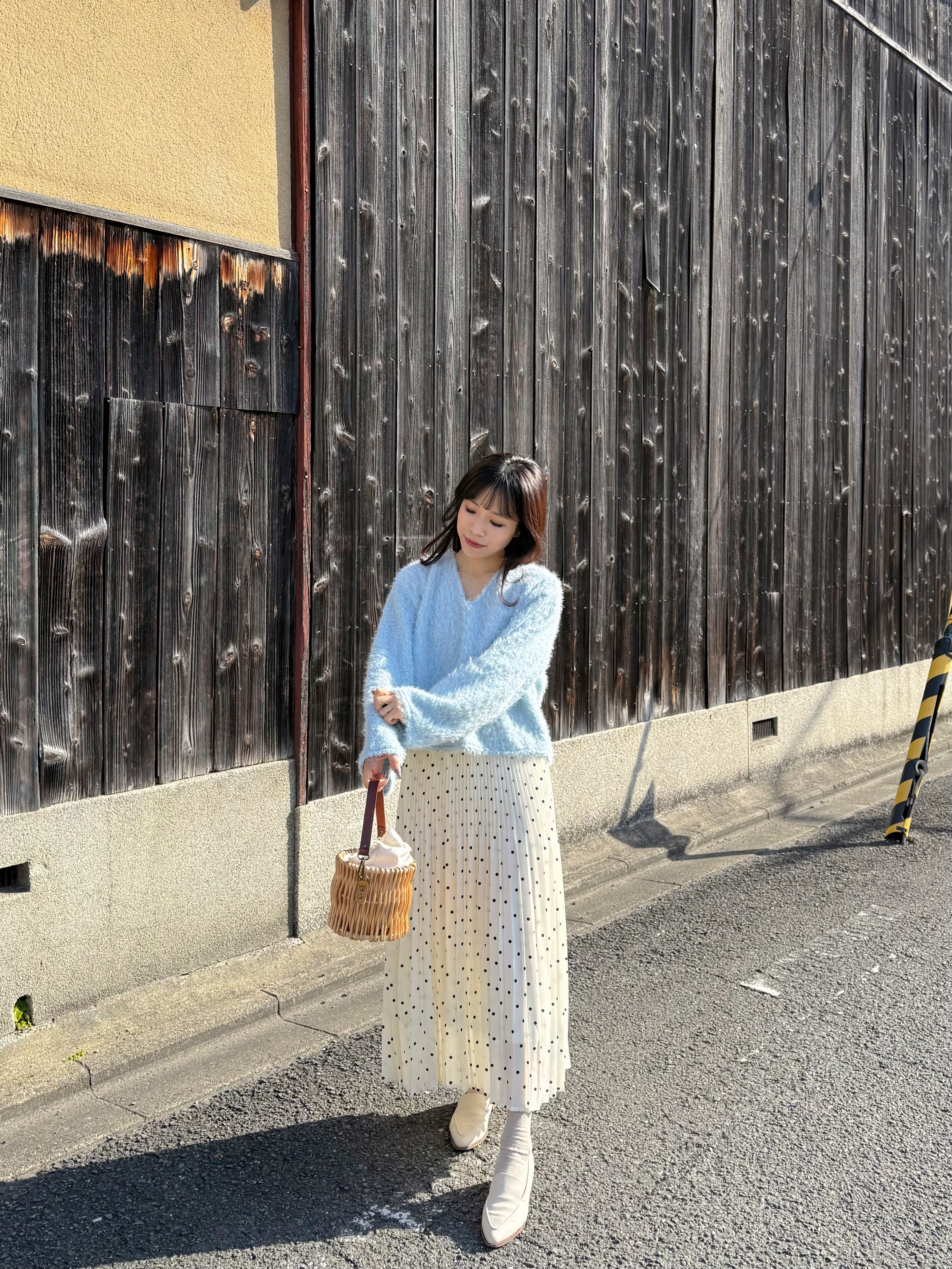 2色•百褶波點雪紡長款半身裙