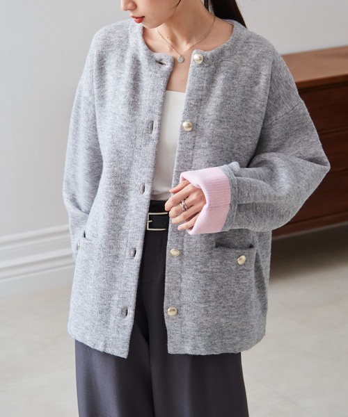 拼色金扣中長款針織外套