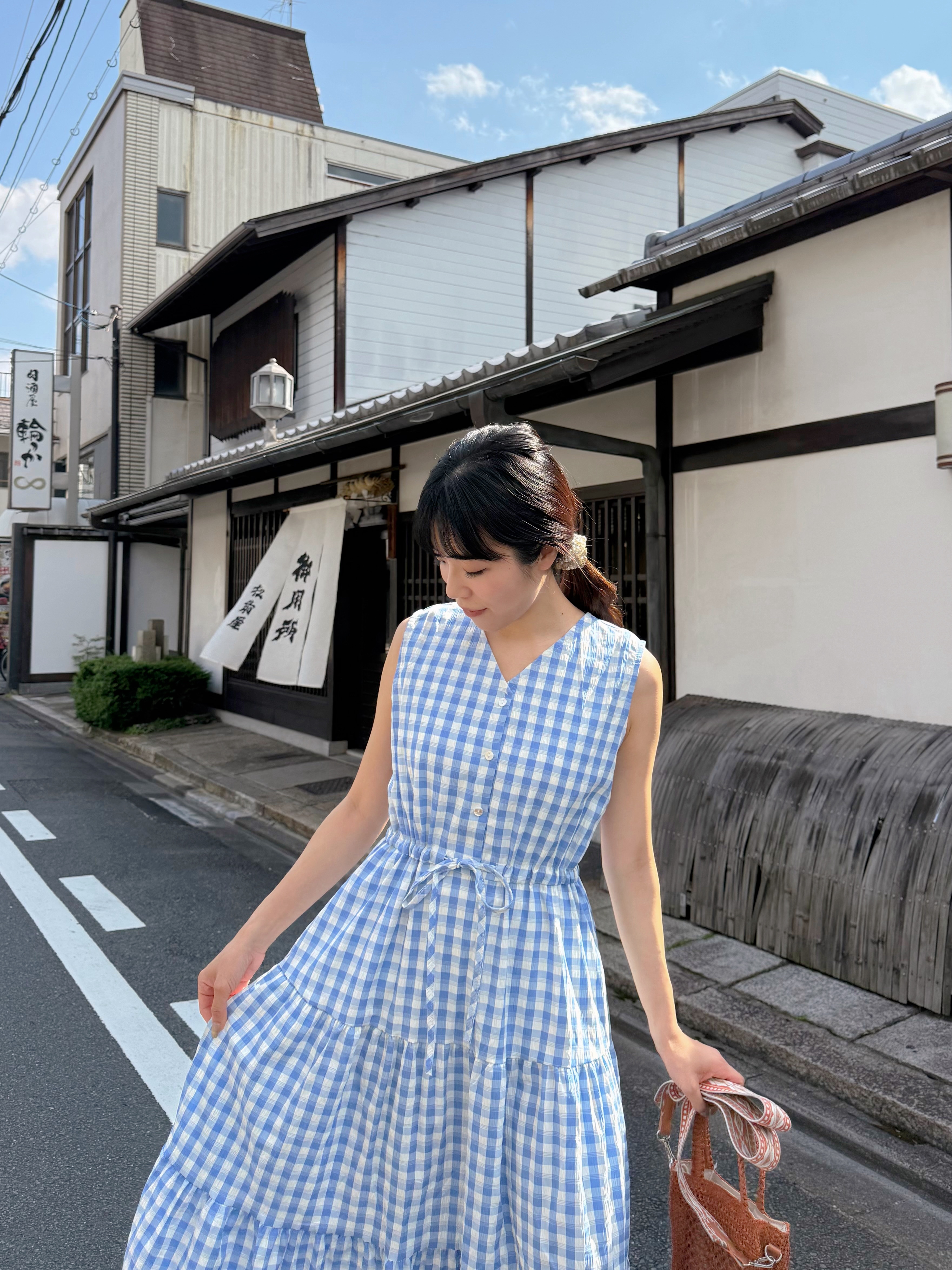 V領格仔背心雪紡連身裙