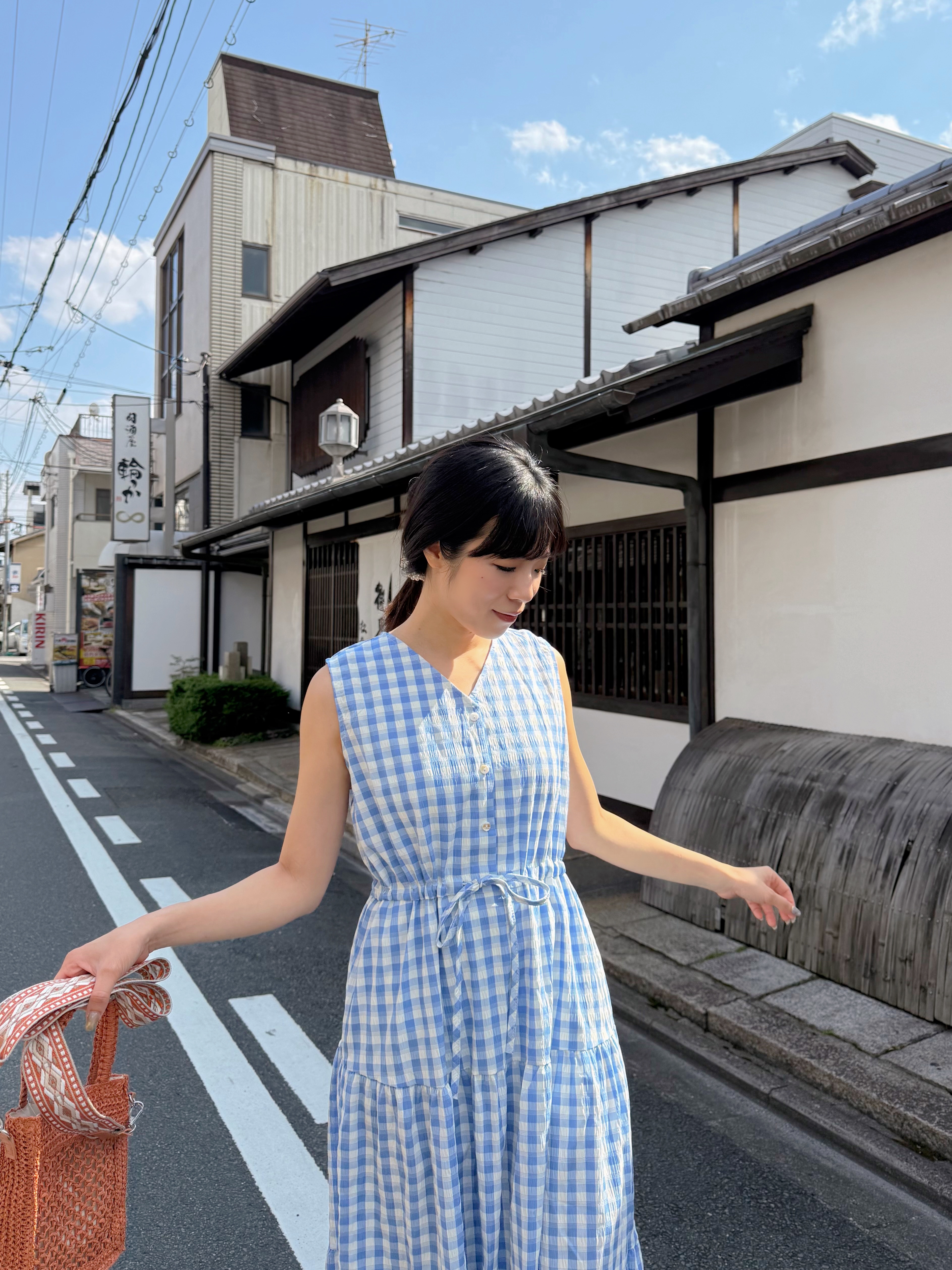 V領格仔背心雪紡連身裙