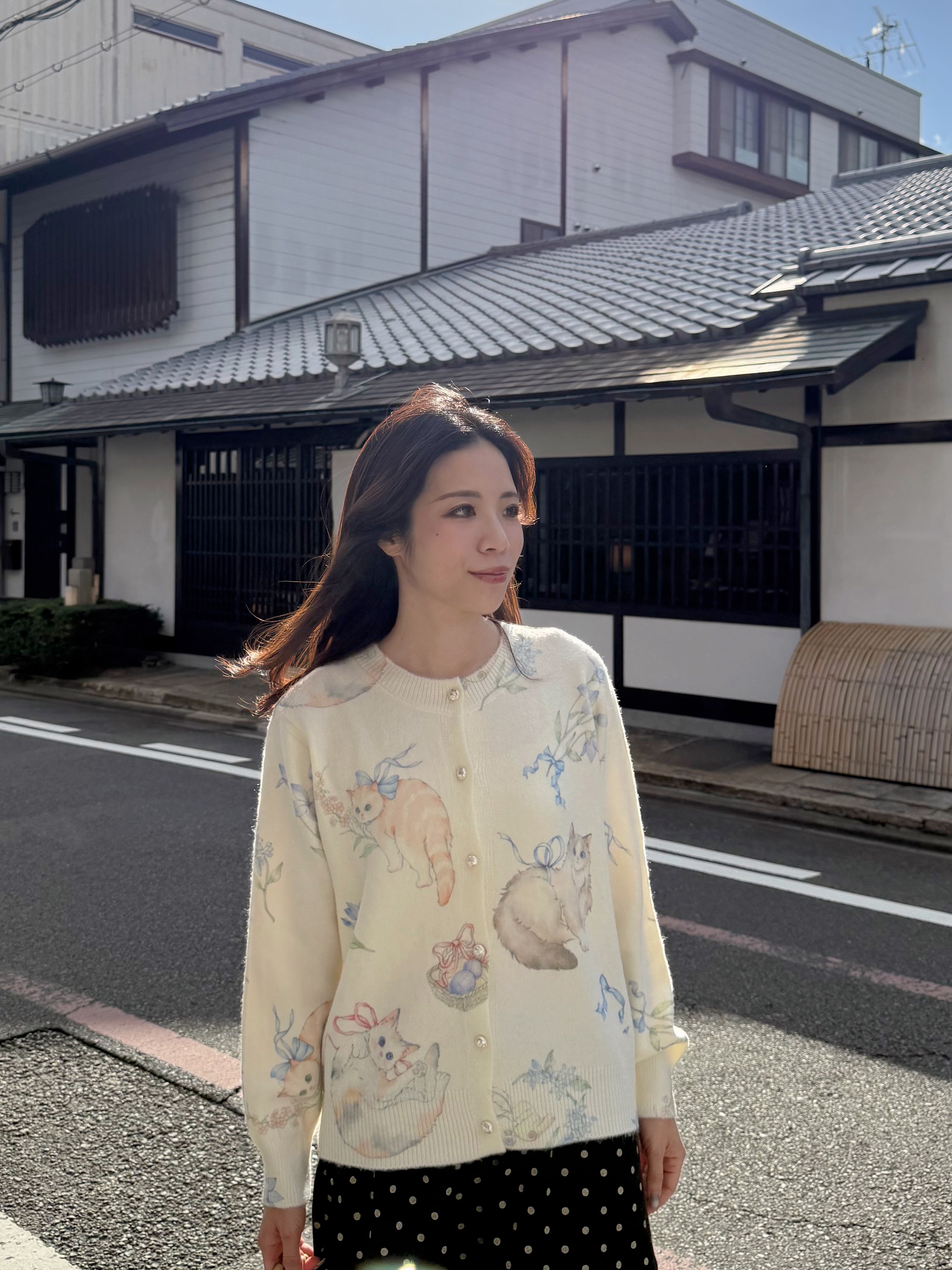 貓貓絲帶圖案柔軟針織外套