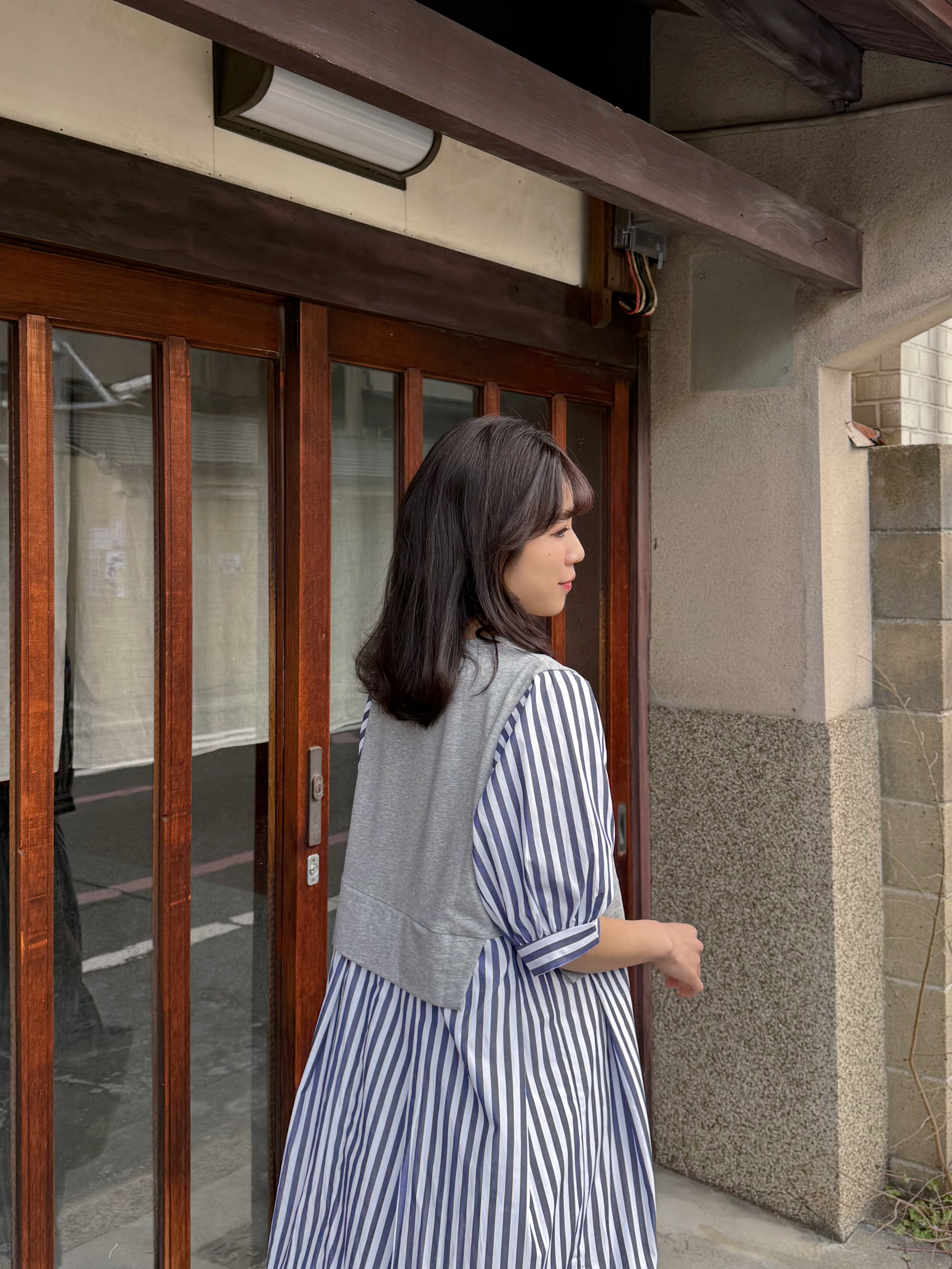 2色•5分袖直條紋拼色布連身裙