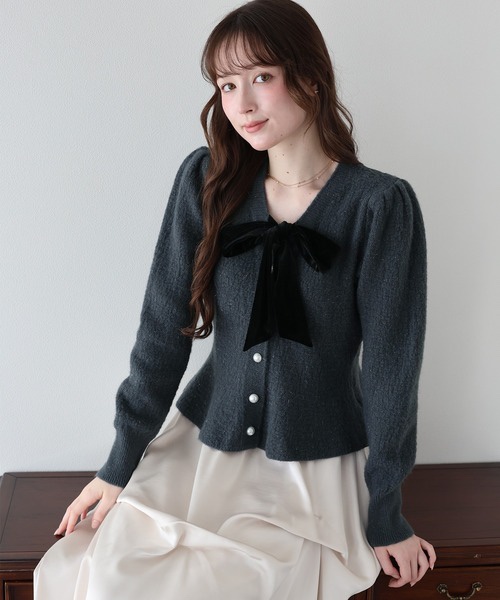 3色•Size M•絲絨蝴蝶結傘擺金線針織外套