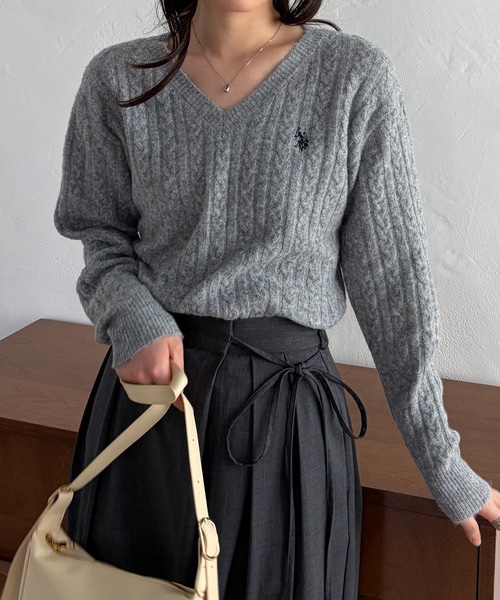 5色・M-LL・U.S. POLO ASSN. 刺繡V領麻花針織上衣