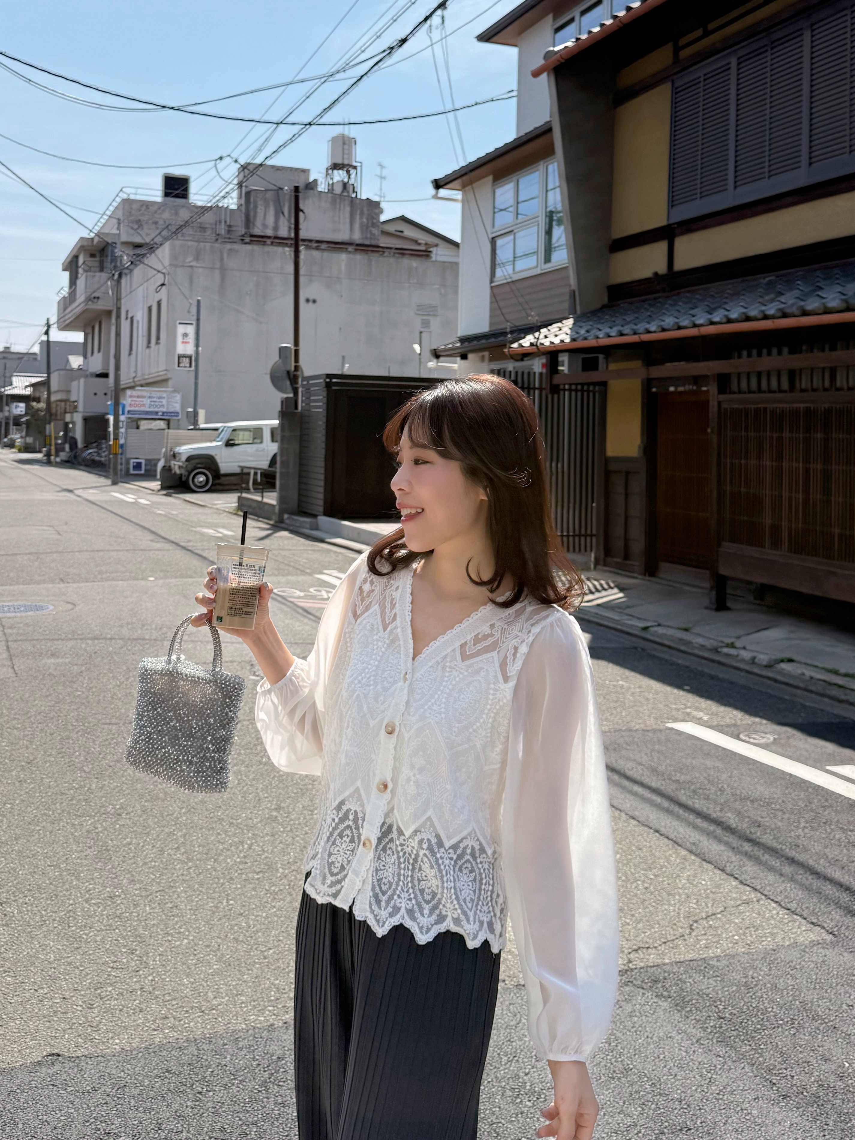 V領蕾絲雪紡袖外套上衣