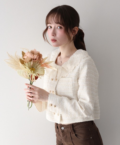 2色•M-L•蕾絲領粗花呢短外套